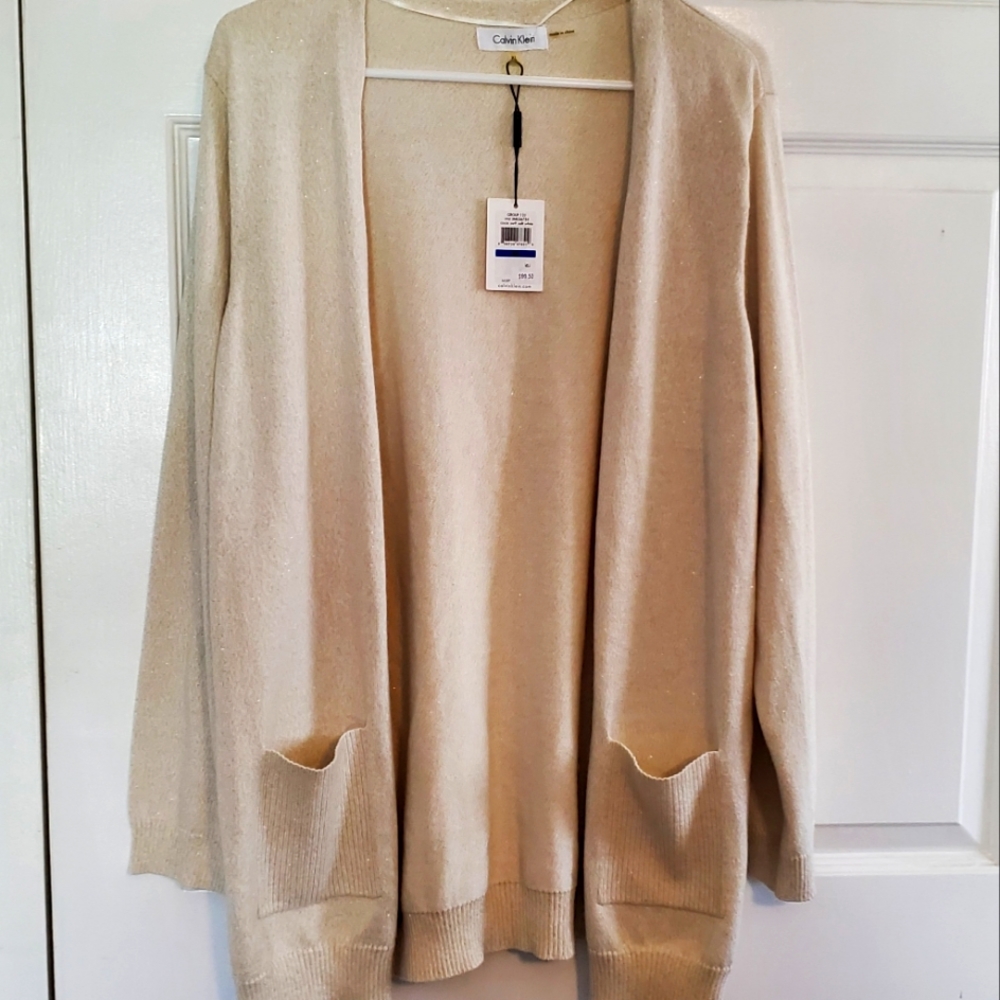 Calvin Klein Soft White Gold Shimmer Metallic Thread Cardigan NWT, Size XL